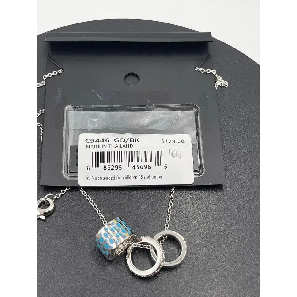Coach Signature Black Enamel Crystal Rondell‎ Charm Silver Tone Necklace C1905